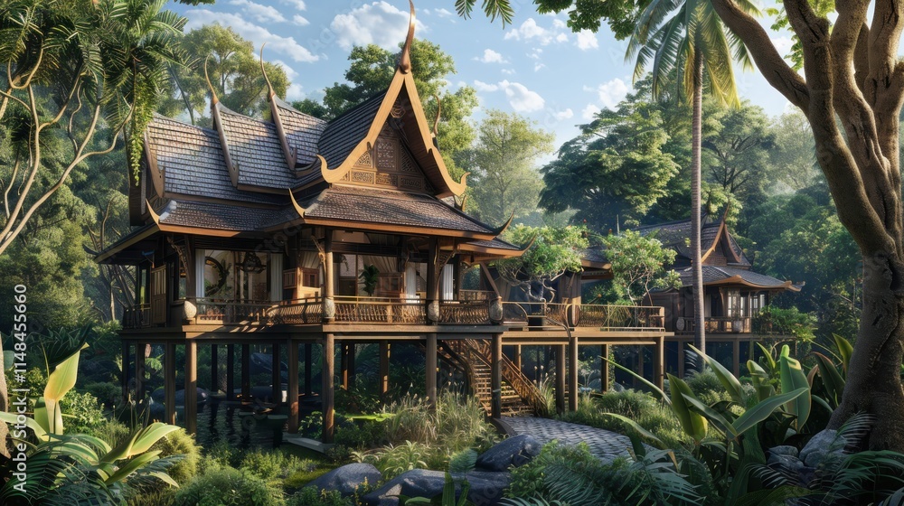 Obraz premium A traditional Thai house, elevated on stilts with intricate wooden carvings and lush surroundings,