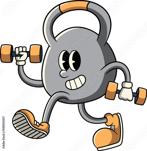 Kettlebell lifting two Dumbbell in Retro Cartoon Character Vector Illustration