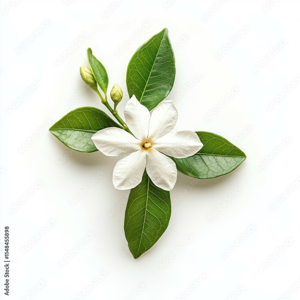 Naklejka premium A jasmine flower in bloom, beautifully surrounded by lush green leaves against a pristine white background, creates a captivating scene that evokes feelings of tranquility and elegance all around
