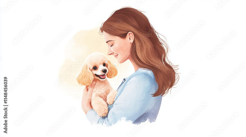 woman smiles while holding her small poodle, showcasing joyful bond. warm colors and gentle expressions highlight their connection and affection woman smiles while holding her small poodle, showcasing joyful bond. warm colors and gentle expressions highlight their connection and affection