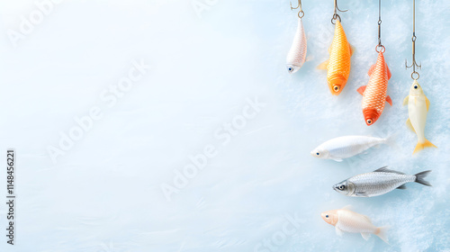 An artistic display of colorful fish lures hanging on hooks above an icy blue surface, perfect for fishing product promotions or winter fishing catalogs. Selective focus photo