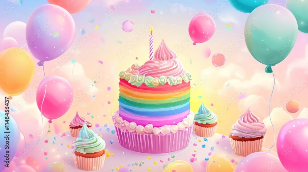 A joyful birthday vector design with a rainbow cake, cupcakes, and balloons in pastel and bright colors, perfect for invitation cards. A joyful birthday vector design with a rainbow cake, cupcakes, and balloons in pastel and bright colors, perfect for invitation cards.