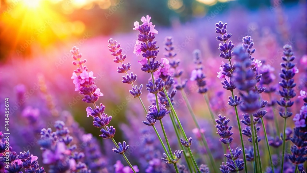 Naklejka premium Vintage Lavender Bloom: Purple Flower Macro Photography in Summer Garden