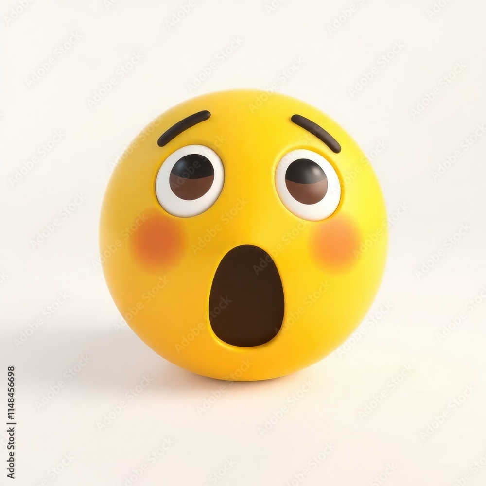 Fototapeta premium A bright yellow emoji with wide eyes and an open mouth conveys surprise and various emotions against a simple background. This design captures feelings of shock and dismay