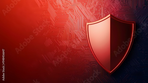 A glossy red shield sits on a dark red circuit board, symbolizing digital security and protection. photo