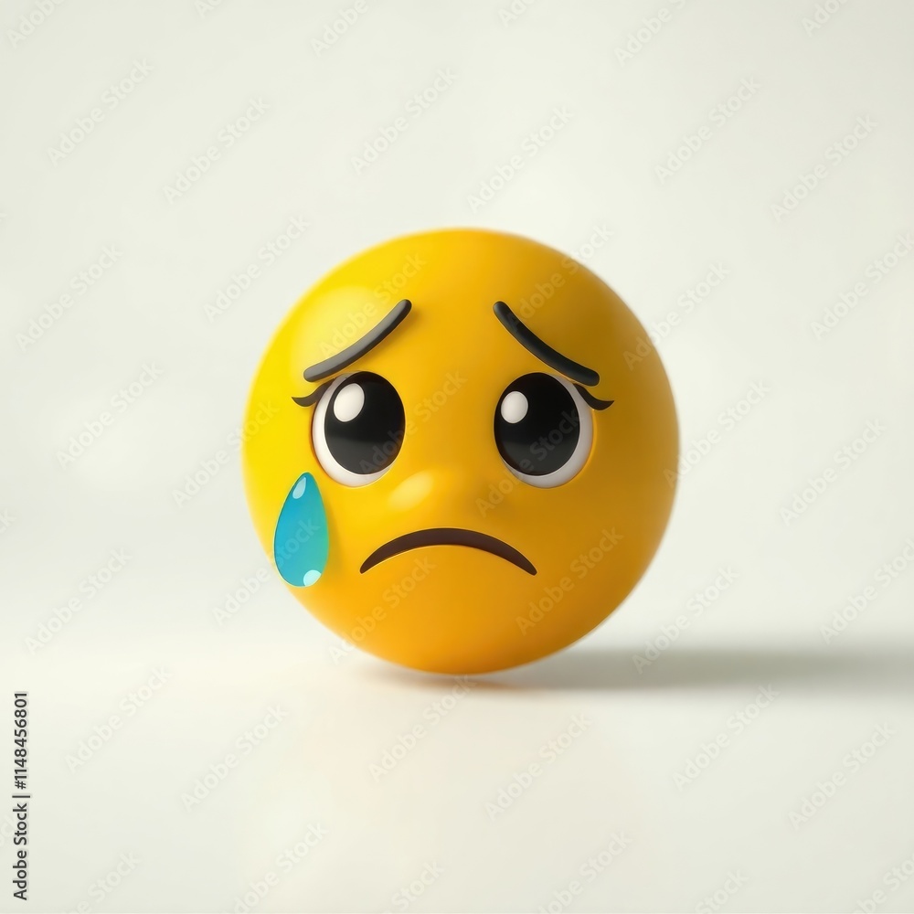 Fototapeta premium The sad emoji expresses deep feelings of sadness and anxiety, featuring teary eyes and a frown, representing feelings of worry and disappointment