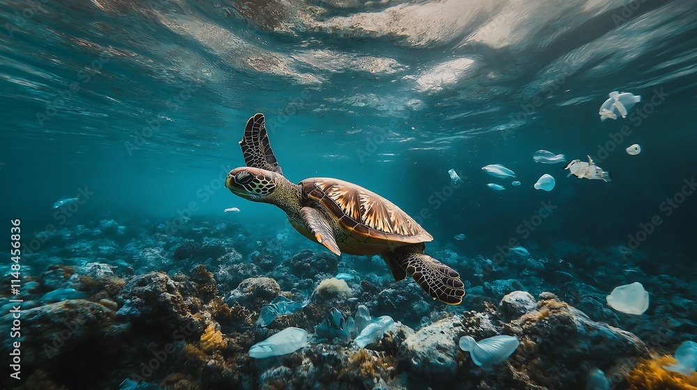 Obraz premium Plastic pollution floating underwater