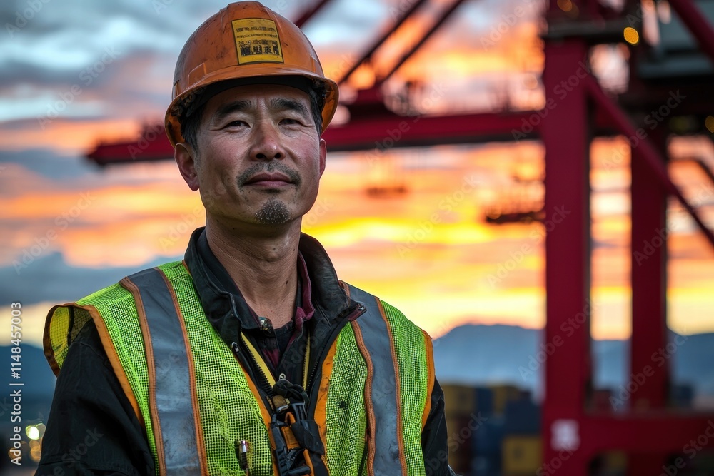 Male Asian construction worker in safety gear smiles during sunset at a port. Male Asian construction worker in safety gear smiles during sunset at a port.