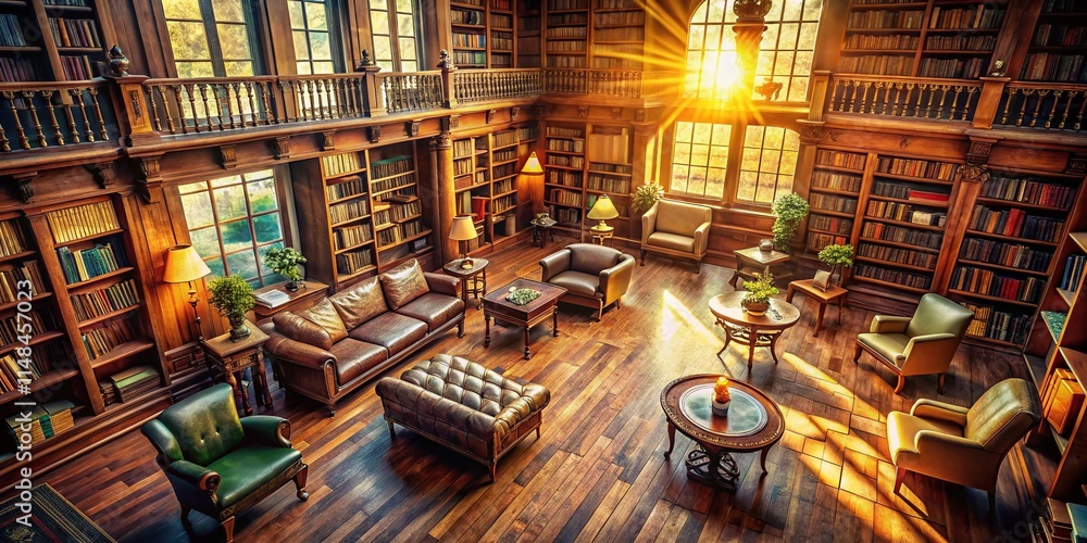 Obraz premium Vintage Library Furniture Aerial Photography: High-Angle View of Antique Bookshelves & Chairs