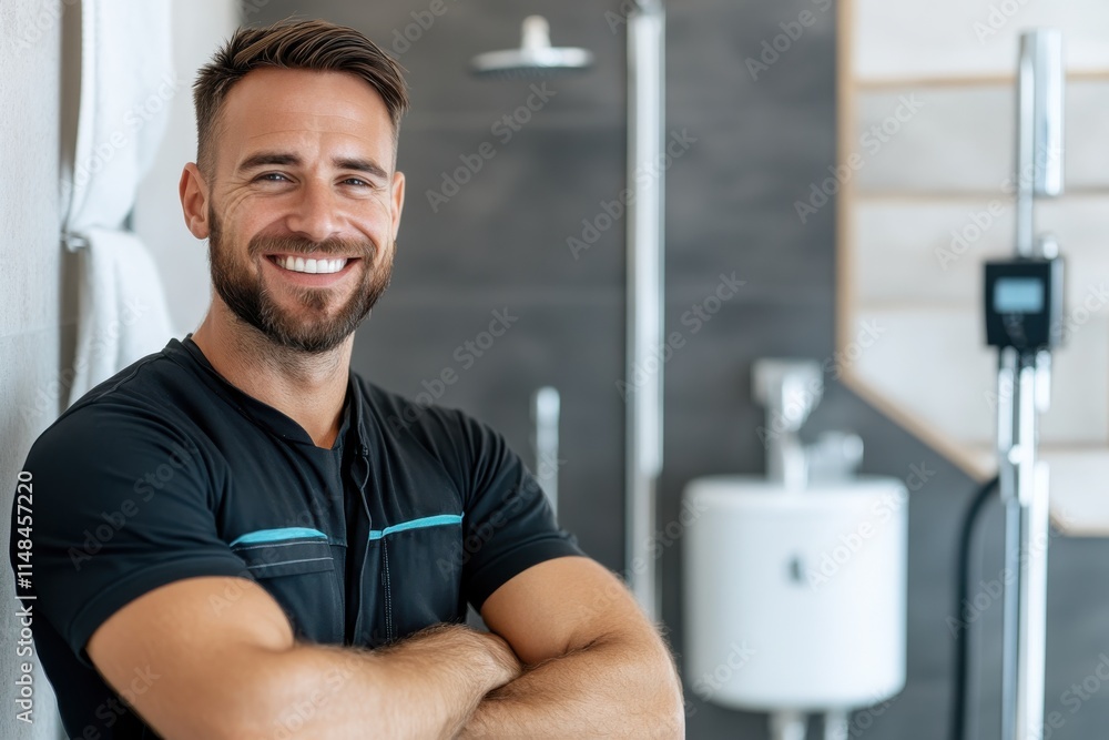 Fototapeta premium A confident maintenance worker smiles in a modern shower space, representing efficiency, reliability, and the importance of professional repair services in home environments.