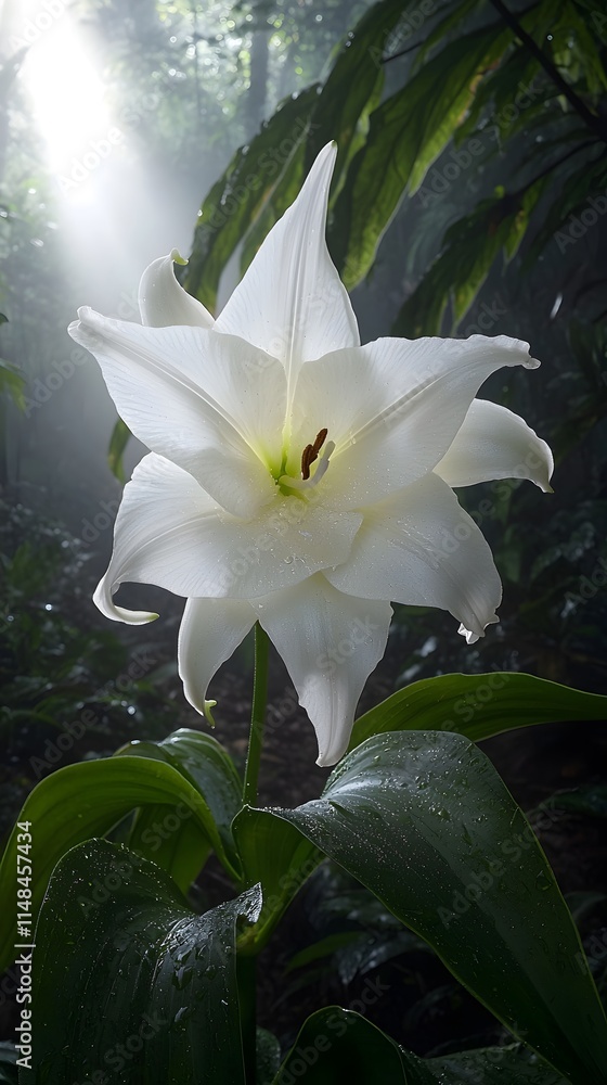 Fototapeta premium A striking white lily blooms gracefully amidst lush green foliage in a misty forest, illuminated by soft beams of sunlight, creating a serene and ethereal atmosphere.