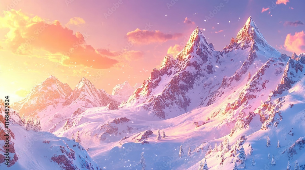 Obraz premium Serene Snow-Covered Mountains Under Colorful Sunset Sky