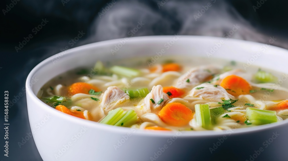 Delicious chicken noodle soup in white bowl. Tender chicken pieces, carrots, celery visible. Steam rises from hot soup. Perfect comfort food. Great for quick lunch dinner. Warm meal for chilly day. Delicious chicken noodle soup in white bowl. Tender chicken pieces, carrots, celery visible. Steam rises from hot soup. Perfect comfort food. Great for quick lunch dinner. Warm meal for chilly day.