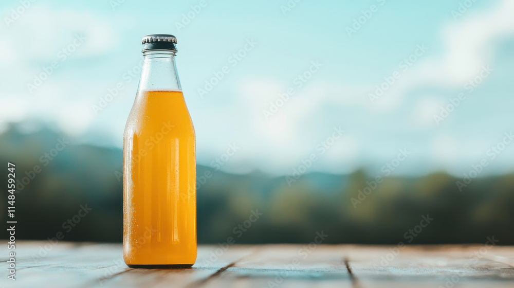 Orange juice in glass bottles wooden table and green nature background, copy space