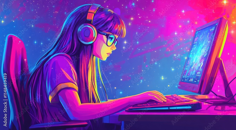 A cute girl with long hair, wearing glasses and headphones, is smiling while holding her laptop A cute girl with long hair, wearing glasses and headphones, is smiling while holding her laptop