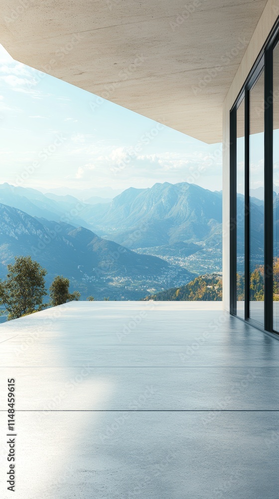 Obraz premium A house with a concrete floor and glass windows with mountain landscape