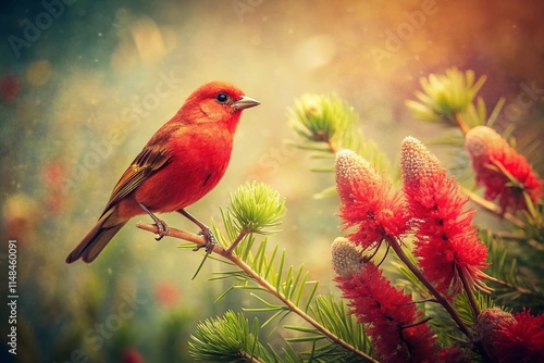 Vintage Photo: Red Bird on Bottlebrush Tree - Retro Bird Photography, Australian Wildlife photo