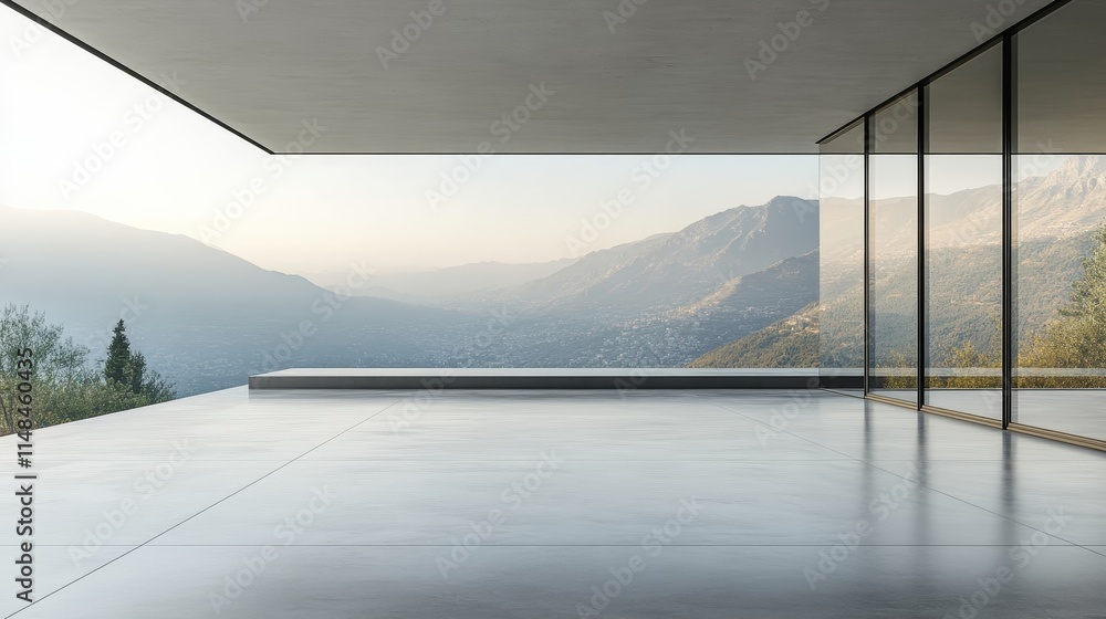 Obraz premium A house with a concrete floor and glass windows with mountain landscape