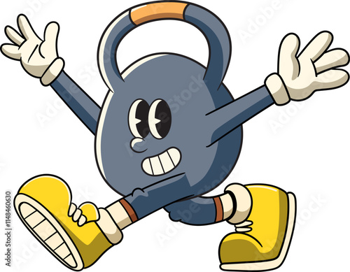 Funny Walking Kettlebell Retro Cartoon Character Vector Illustration