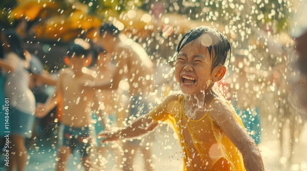 Obraz premium A vibrant Songkran celebration with kids, featuring playful water fights and laughter in a lively park,