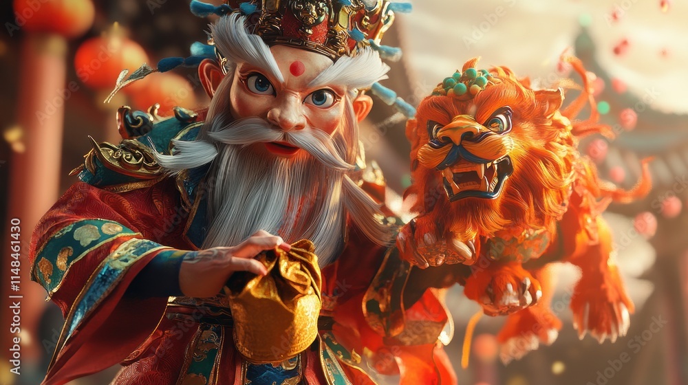 Fototapeta premium A richly detailed God of Fortune in 3D, holding a fortune bag, accompanied by a vibrant lion puppet bursting from the backdrop.