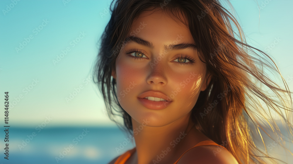 Portrait of a Beautiful Woman on the Beach with Sun-Kissed Skin, Perfect for Skincare, Summer, and Travel Marketing Campaigns Portrait of a Beautiful Woman on the Beach with Sun-Kissed Skin, Perfect for Skincare, Summer, and Travel Marketing Campaigns