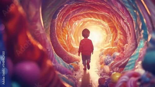 A person walking through a colorful tunnel, anime video stock. photo