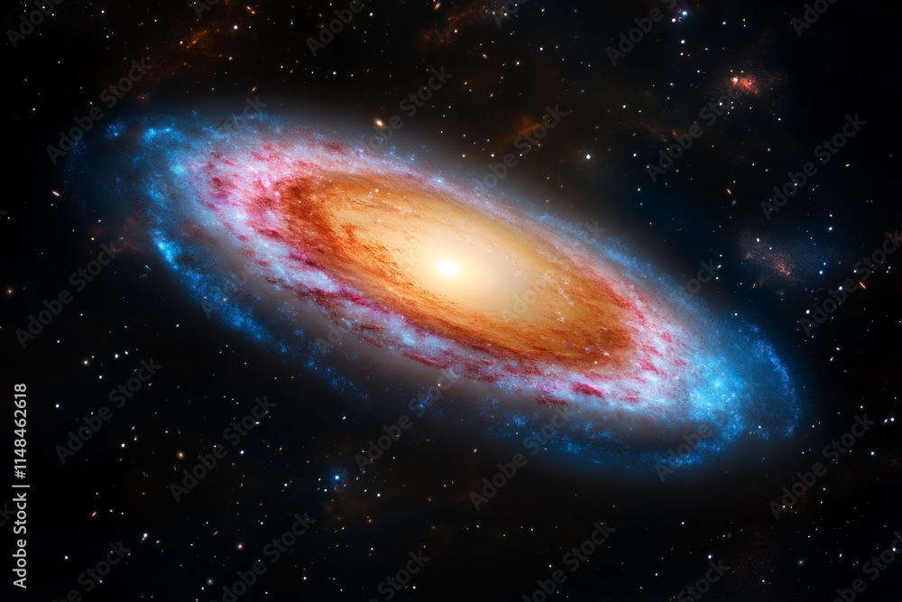 Fototapeta premium A supermassive black hole at the center of a galaxy, with swirling light and matter creating a vivid accretion disk