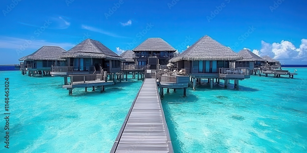 A luxurious coastal resort with terraced overwater bungalows connected by wooden walkways, surrounded by crystal-clear turquoise waters and tropical foliage, offering guests unparalleled views A luxurious coastal resort with terraced overwater bungalows connected by wooden walkways, surrounded by crystal-clear turquoise waters and tropical foliage, offering guests unparalleled views