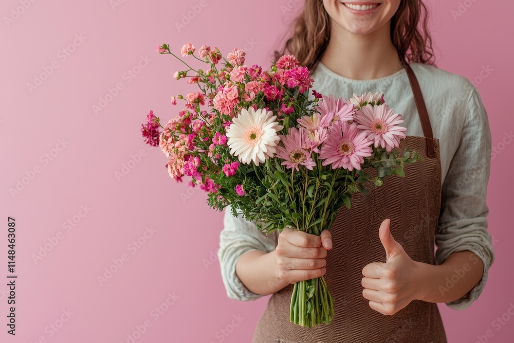Smiling woman holding a vibrant bouquet of flowers in front of a pink background showcasing her love for floral arrangements Smiling woman holding a vibrant bouquet of flowers in front of a pink background showcasing her love for floral arrangements