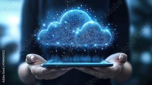 Cloud computing, data storage, and futuristic network integration. The concept of innovation, connectivity, and modern digital solutions. Generative AI.