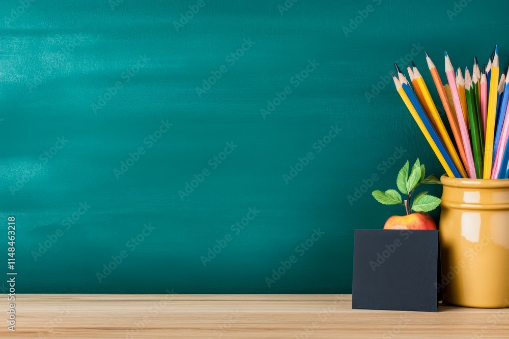 A teacher desk with a small gift and a thank-you card from a student, surrounded by books and apple decor A teacher desk with a small gift and a thank-you card from a student, surrounded by books and apple decor
