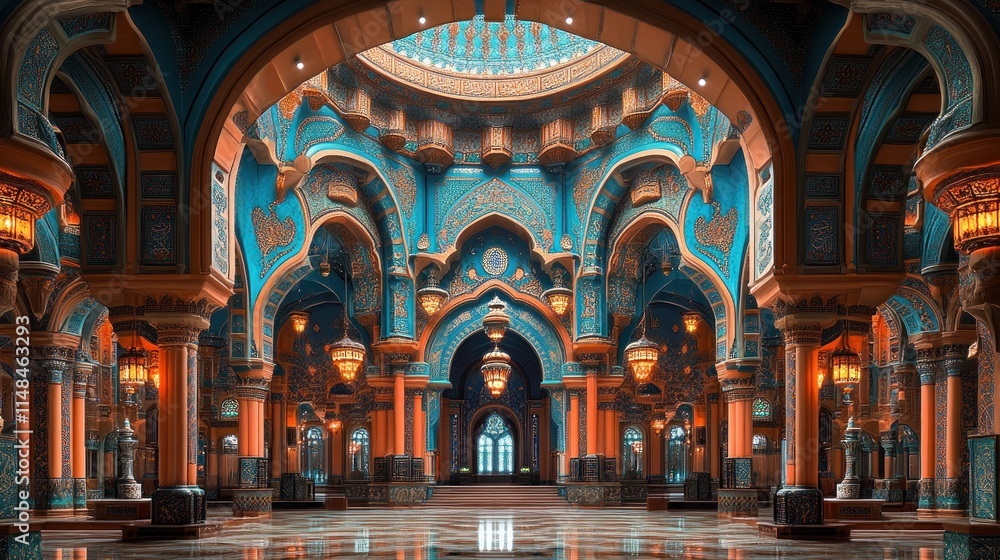 Obraz premium Opulent palace interior with intricate details, arches, and vibrant colors.