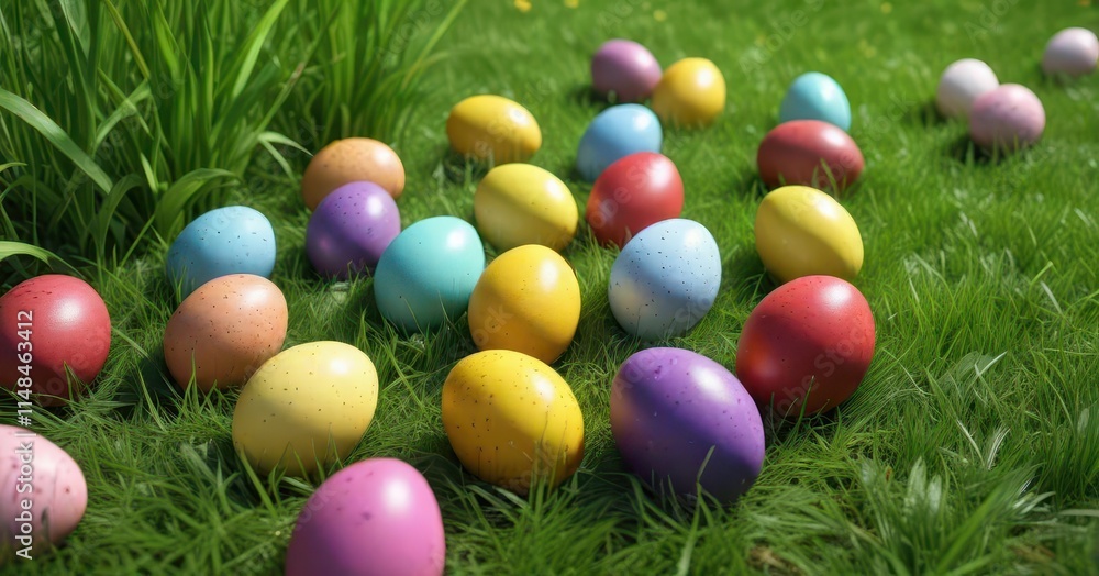 Brightly painted Easter eggs scattered amongst fresh green grass , springtime, symbol Brightly painted Easter eggs scattered amongst fresh green grass , springtime, symbol