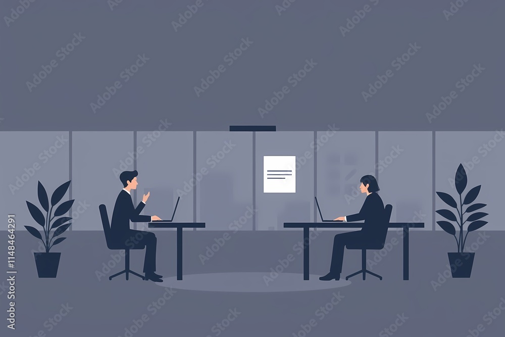 Fototapeta premium Distant Collaboration: Two business professionals engage in a remote meeting, maintaining social distance in a modern office setting.