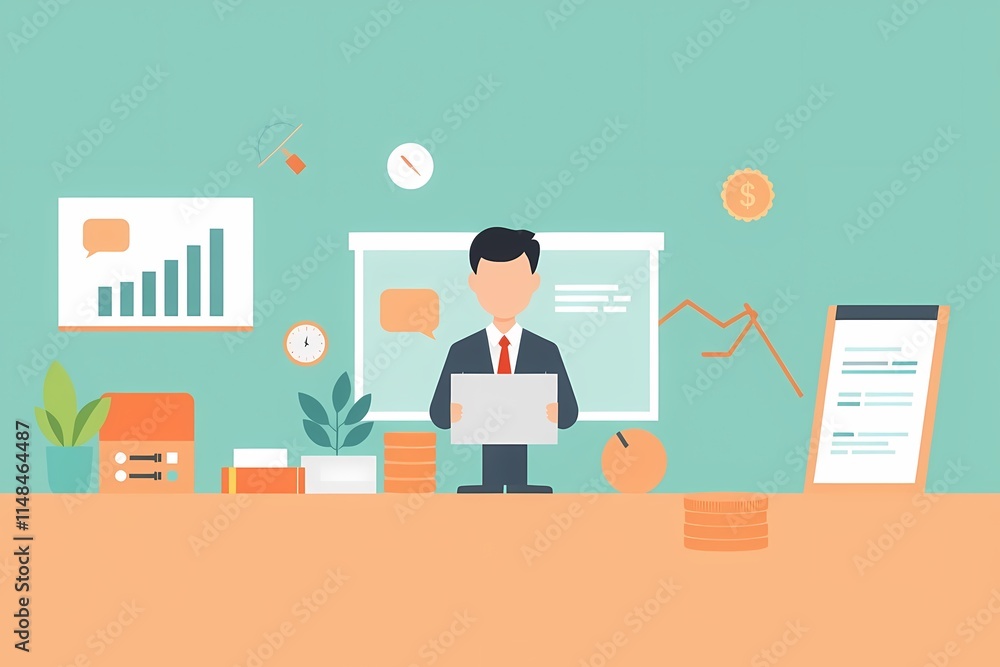 Businessman Analyzing Data: Flat design illustration of a businessman working on his laptop in a modern office setting. Businessman Analyzing Data: Flat design illustration of a businessman working on his laptop in a modern office setting.
