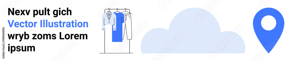 Apparel hanging on a rack, cloud symbol, location marker. Ideal for online shopping, cloud storage, inventory management, location service, fashion industry, data integration digital organization Apparel hanging on a rack, cloud symbol, location marker. Ideal for online shopping, cloud storage, inventory management, location service, fashion industry, data integration digital organization