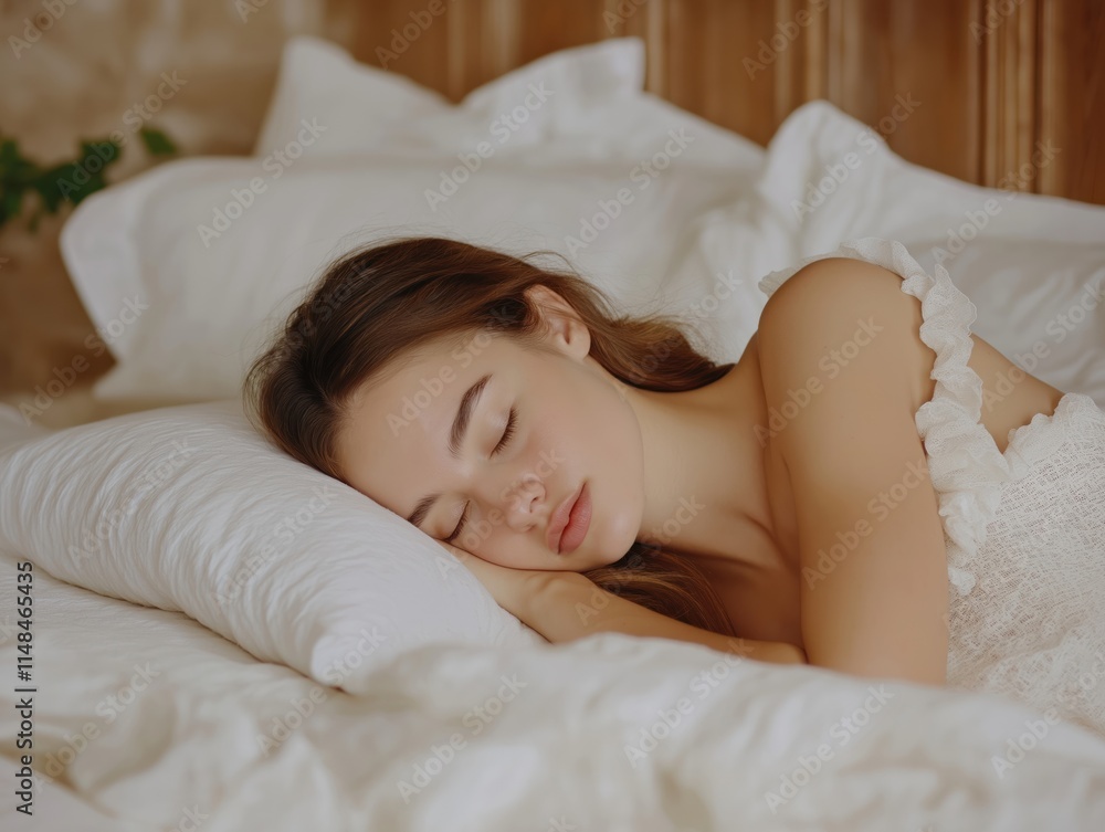 Young woman sleeps soundly in bed. Relaxed pose on comfy pillows. Indoor home setting. Peaceful morning scene. Beautiful person resting. Calm and serene moment. Focus on beauty and relaxation. Young woman sleeps soundly in bed. Relaxed pose on comfy pillows. Indoor home setting. Peaceful morning scene. Beautiful person resting. Calm and serene moment. Focus on beauty and relaxation.