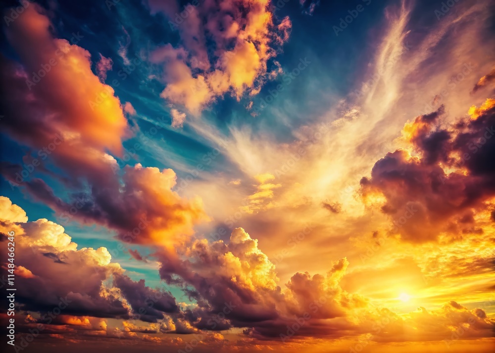 Fototapeta premium Vintage Sunset Sky Photography: Golden Hour, Retro, Warm Tones, Classic Film, Beautiful Dusk, Sky Photography