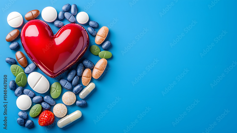 Fototapeta premium Heart Health: A red heart surrounded by a variety of pills and capsules on a vibrant blue background. This image is ideal for health, wellness, and medical themes. 