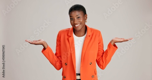Tableau sur toile Black woman, portrait and shrug in studio with fashion, style opinion and options on offer