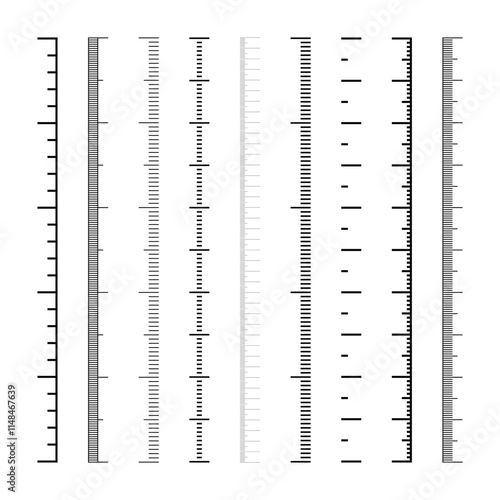 Vertical measurement scales with divisions. Realistic scale for measuring length or height in centimeters, millimeters or inches. Ruler, tape measure marks, size indicators. Vector illustration