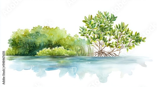 Natural transpiration moisture ecosystem plants process oxygen. A serene watercolor depiction of mangroves reflecting in calm waters, showcasing vibrant greens and natural beauty.