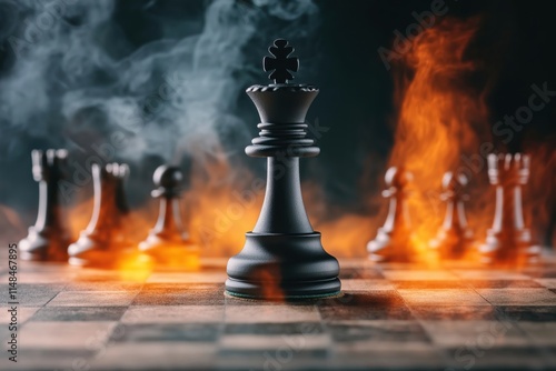 Dark king chess piece kneels on worn chessboard. Fiery flames surround piece in dark ominous shadows. Powerful, mysterious. Strategical battle game. Checkmate scenario. Black chess piece. Regal
