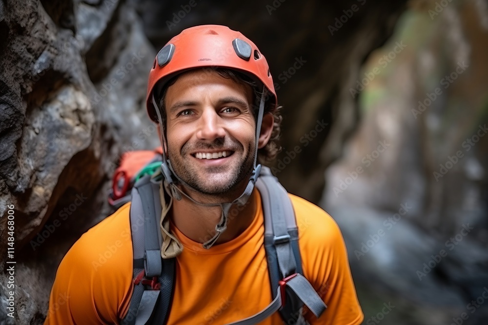 Portrait of a happy male climber in orange helmet on a rock Portrait of a happy male climber in orange helmet on a rock