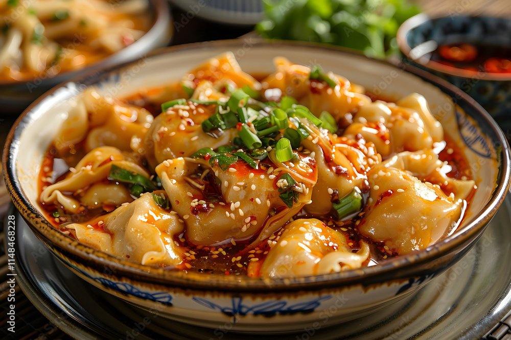 Close-Up Wontons with spicy sauce, scallions, and sesame seeds in a Chinese setting Close-Up Wontons with spicy sauce, scallions, and sesame seeds in a Chinese setting