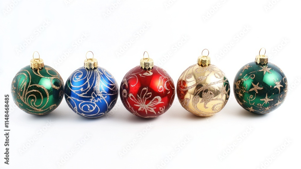 A vibrant mix of 10 Christmas balls in red, blue, green, and gold, with glossy finishes and ornate details like stars and glittery swirls. A vibrant mix of 10 Christmas balls in red, blue, green, and gold, with glossy finishes and ornate details like stars and glittery swirls.
