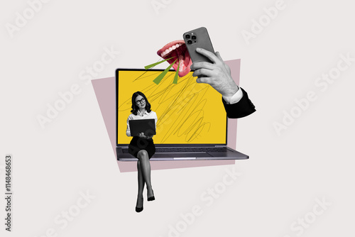 Obraz na plátně Composite photo collage of happy girl freelancer sit laptop headless boss mouth