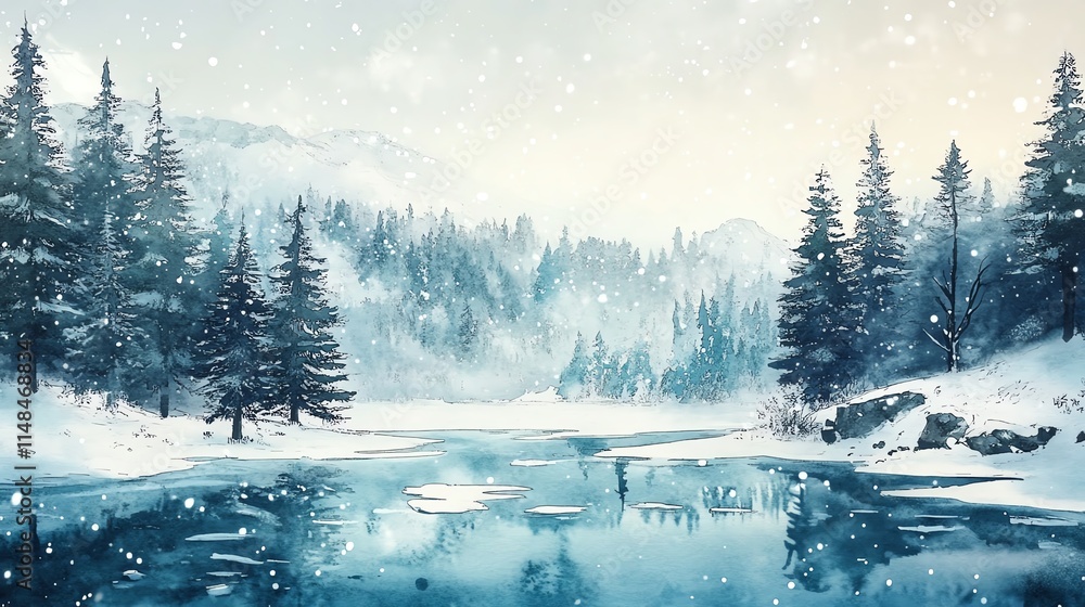Watercolor painting of a snowy winter landscape with pine trees and a frozen lake.--ar 16:9 Watercolor painting of a snowy winter landscape with pine trees and a frozen lake.--ar 16:9