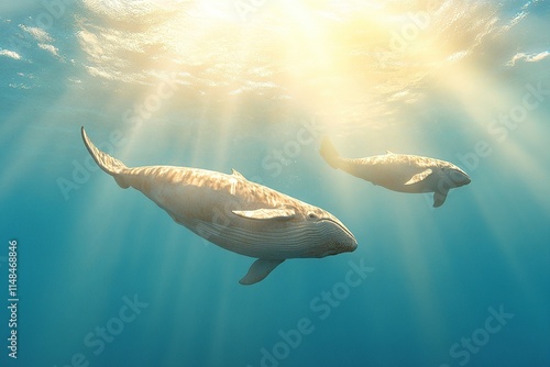 Two majestic whales swim gracefully in serene waters illuminated by sunlight photo